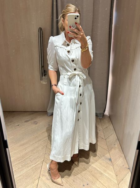 Classic white dress from Reiss. 
I was wearing a uk 8.
Flattering drop waistline. 
Quite expensive so I’ve linked some similar ones. 