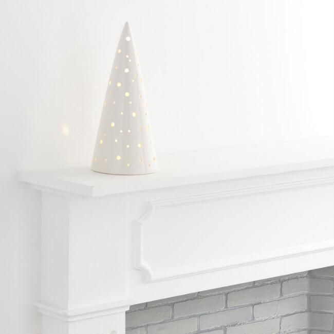White Pierced Ceramic Cone Tree Light Up Decor 10 Inch | World Market