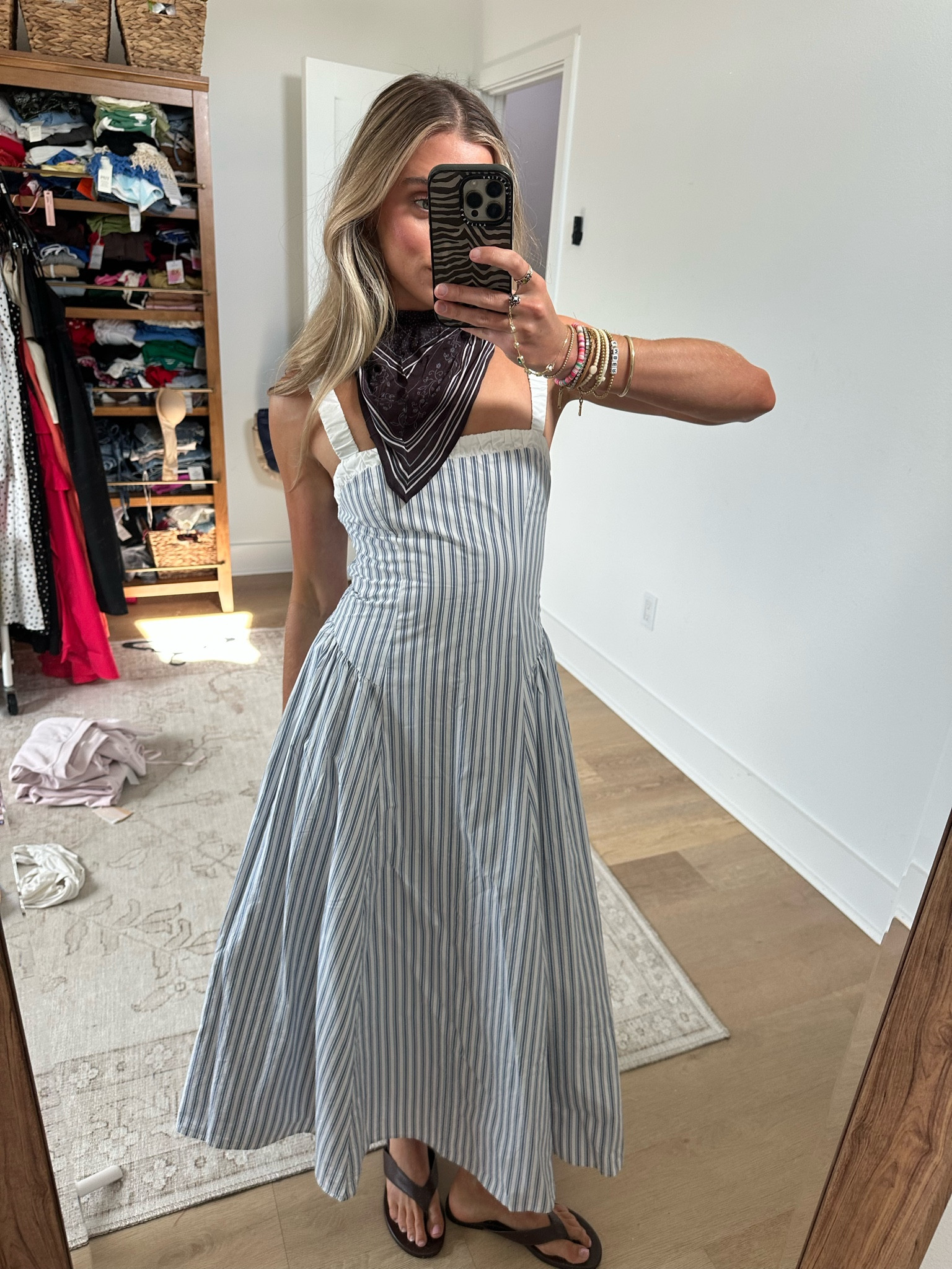 Don’t be afraid to mix prints! @abercrombie   size xs 100% Cotton Ruched Neckline Dipped Waist Midi Dress. Fit-and-flare midi dress in our comfortable poplin fabric, featuring ruched details along the square neckline, seaming along the skirt and a flattering dipped waist. My bandana is @freepeople and my bag is @walmart my favorite @jcrew   leather flip flop sandals

#LTKootd #LTKSeasonal #LTKdayinmylife