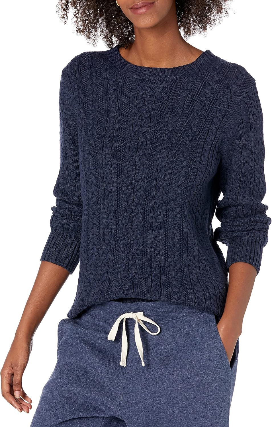Amazon Essentials Women's Regular Fit Soft Cotton Cable Knit Ribbed Crewneck Sweater | Amazon (US)