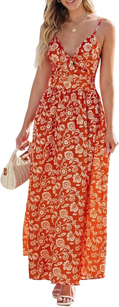 CUPSHE Women's Maxi Dress Floral Print Twisted V Neck Sleeveless Long Dress Summer Casual Dress | Amazon (US)