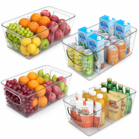 LLMRR 4pcs Fridge Organizer, Clear Storage Bins, Plastic Storage Baskets with Removable Dividers, Refrigerator Containers with Handles for Fridge, Pantry, Cabinet, Kitchen, 4 PCS | Walmart (US)