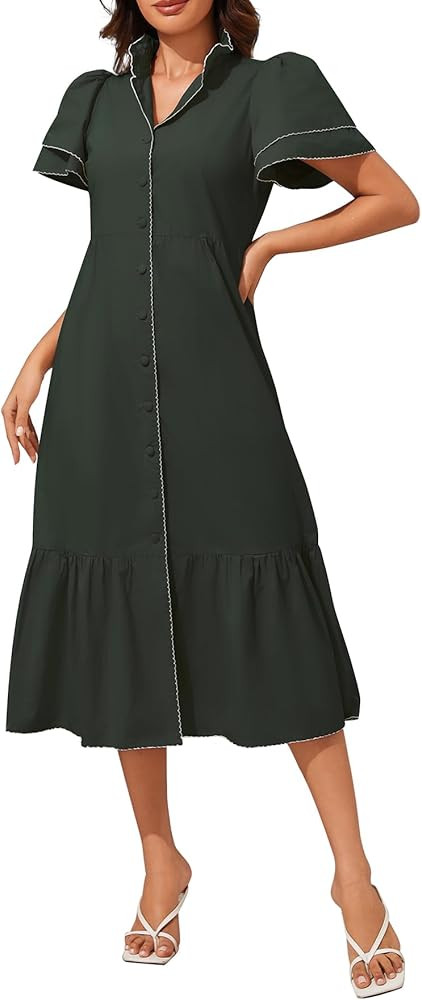 Kedera Women Maxi Petal Sleeve Button Down Dress Cover Ups Beach Dresses V Neck Ruffle Casual Dre... | Amazon (US)