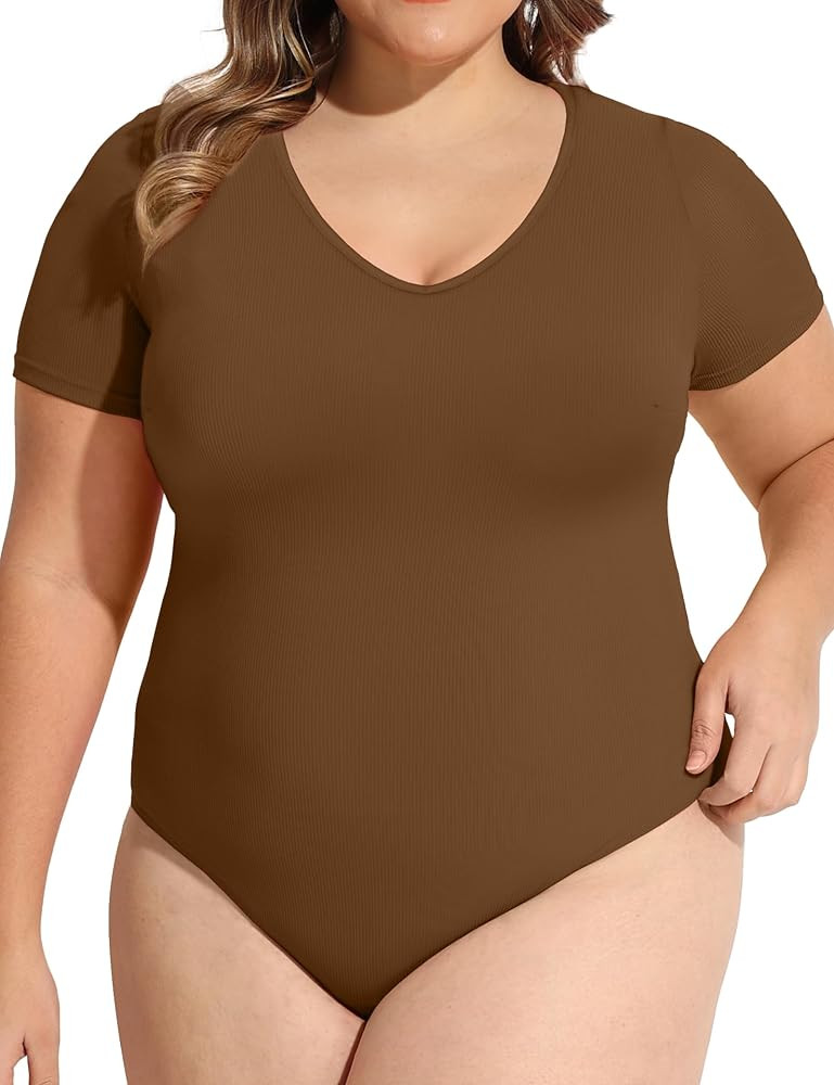 COOTRY Plus Size Short Sleeve Bodysuits for Women V Neck Body Suit Tops Basic One Piece Bodysuit ... | Amazon (US)