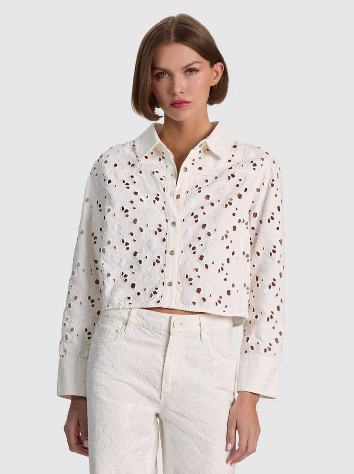 FINELY LASER-CUT DENIM BUTTON DOWN | Alice + Olivia
