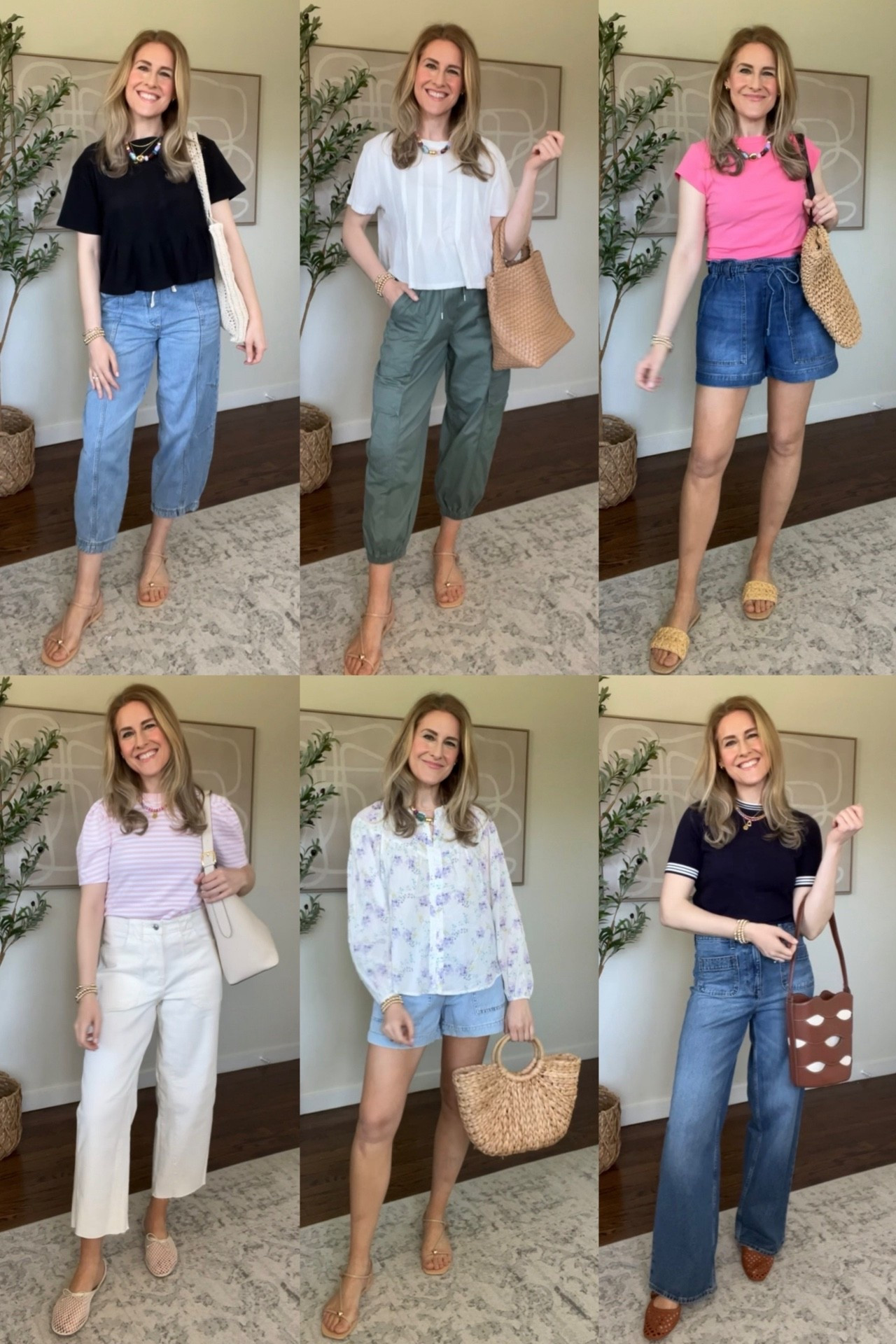 Weeks worth of Walmart spring outfits! From top left: barrel jeans are a pull on style but the waist isn’t stretchy so I had a hard time getting my size small over my hips but once on, they fit in the waist so you may want to go up one size. Boxy crop tee I went up to medium for relaxed fit. Green cargo pants stayed tts small (and they’re roomy). Paperbag waist shorts run small, go up one size. Hot pink tee is a tight fit, I went up one size to medium. Bottom row I stayed tts small in all the tops. Jeans tts 6. #walmartfashion #walmartfinds 

#LTKOver40 #LTKootd