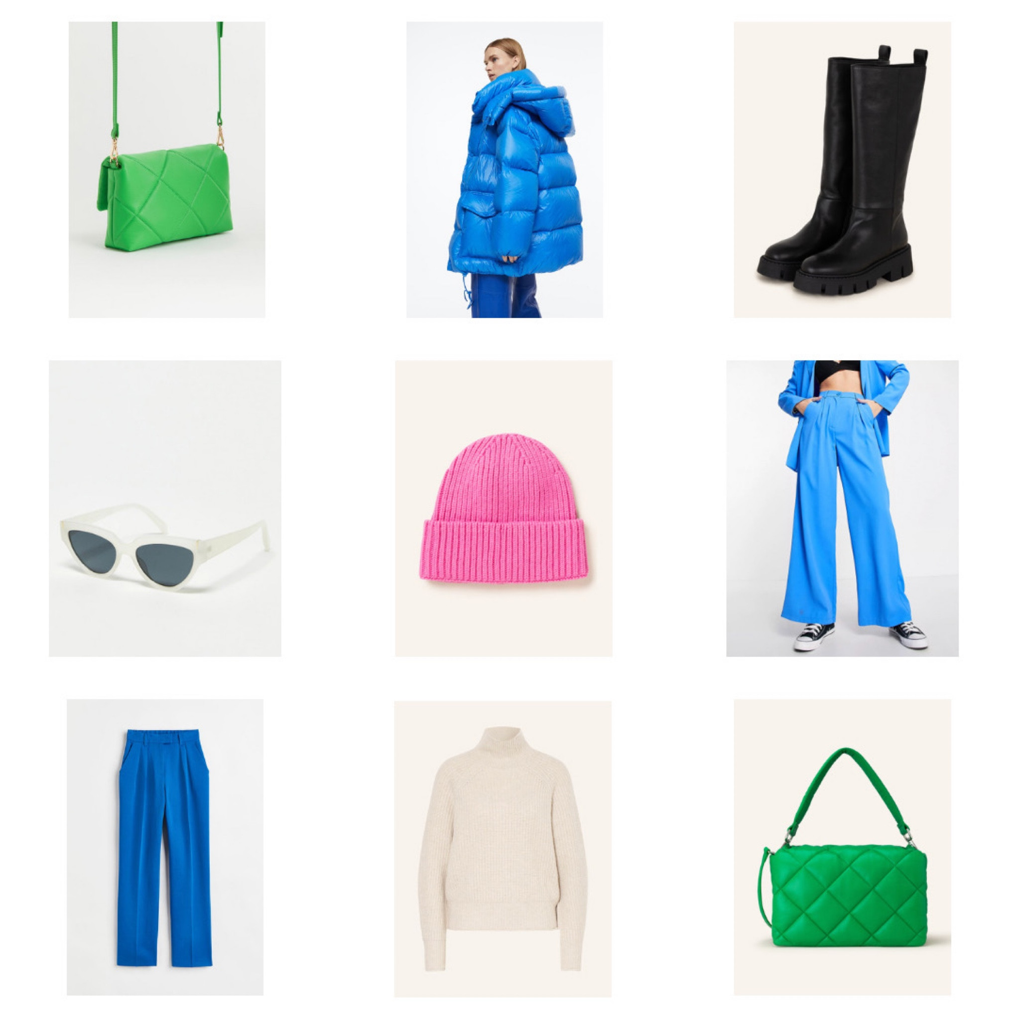 Color Trio. Fashion Blogger Girl by Style Blog Heartfelt Hunt. Girl with blond hair wearing a pink beanie, white cat-eye sunglasses, blue down jacket, oversized turtleneck, blue wide leg pants, green braided bag and chunky boots. #colorfuloutfit #colorfulstyle #colorfulfashion #colorfullooks #fashionfun #cutefalloutfit #fallfashion2022 #falllookbook #fitcheck #dailylooks #dailylookbook #contentcreator #microinfluencer #discoverunder20k 