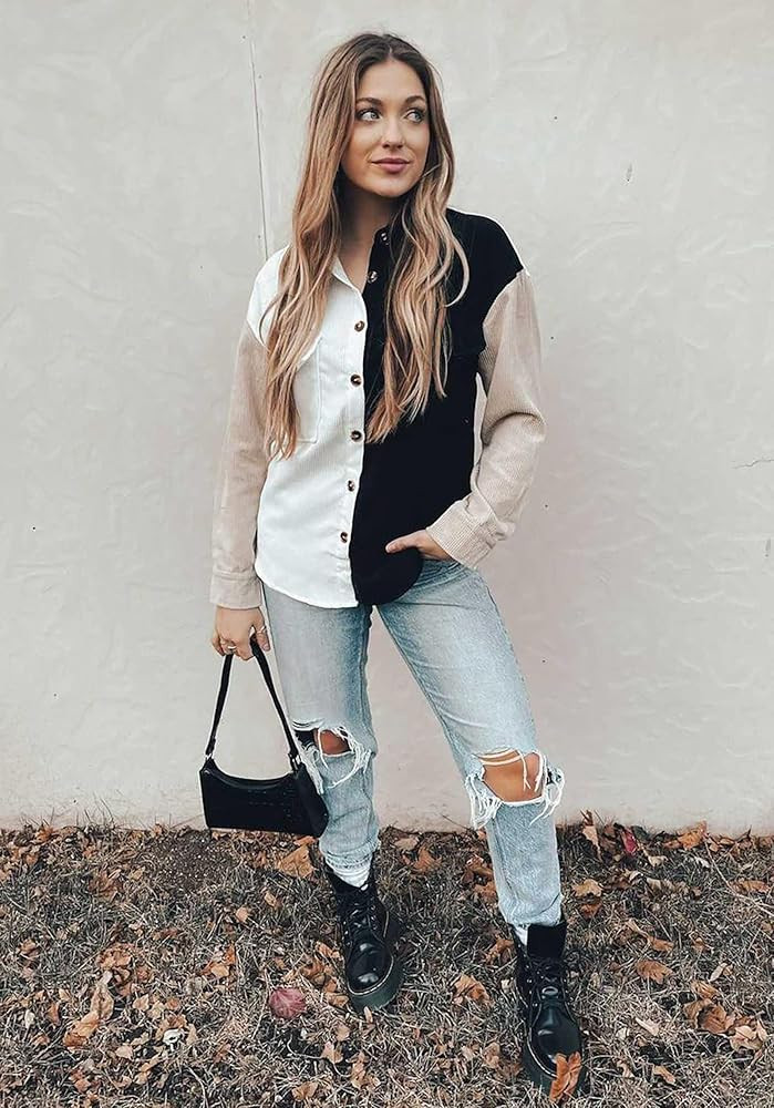 BTFBM Women Button Down Corduroy Shirts Long Sleeve Oversized Casual Pocketed Boyfriend Shacket J... | Amazon (US)