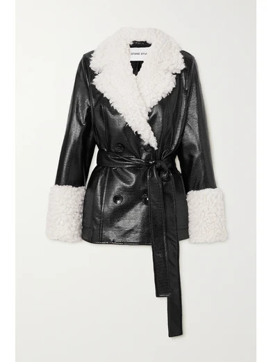 Stand Studio - Harmony Belted Faux Shearling-trimmed Faux Textured Patent-leather Coat - Black | NET-A-PORTER (US)