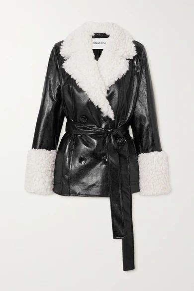 Stand Studio - Harmony Belted Faux Shearling-trimmed Faux Textured Patent-leather Coat - Black | NET-A-PORTER (US)