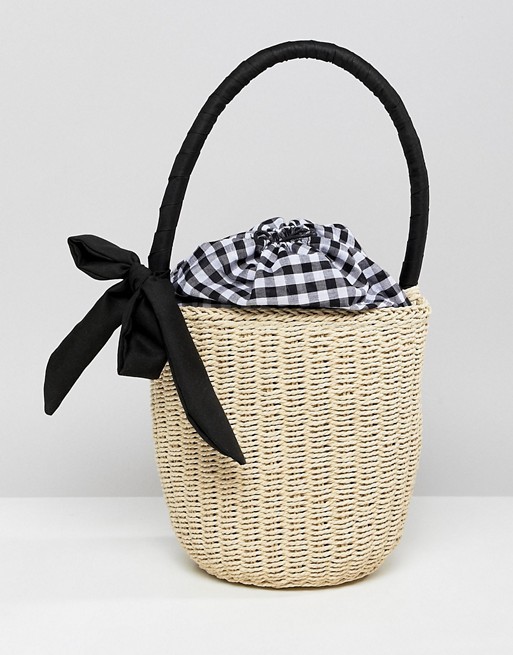 ASOS DESIGN straw top handle basket bag with gingham insert | ASOS US