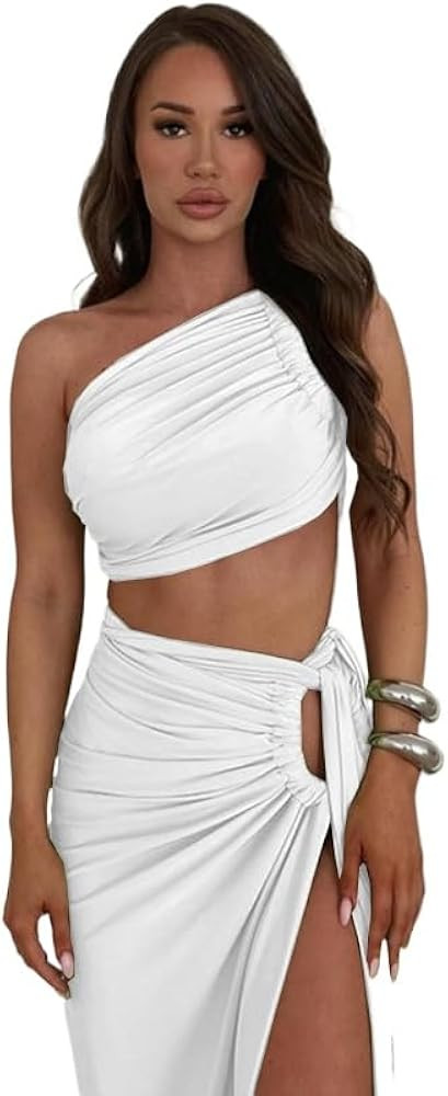 Women's 2 Piece Dress Sexy Y2k Strapless Crop Top High Slit Skirt Bodycon Maxi Long Skirt Suit Ni... | Amazon (US)