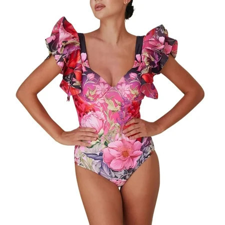 Flaxmaker Women Ruffled Blooming Flowers Print One Piece Swimsuit and Sarong Bathing Suit Two pieces Swimwear | Walmart (US)