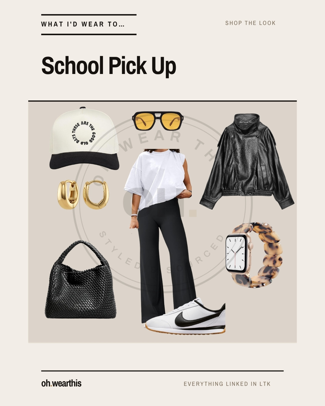 What I'd wear to school pick up. Black wide-leg knit pant, oversized white tee, sneakers — and a leather jacket thrown over the top so it counts as an outfit.

This is the one I actually reach for. The whole thing takes four seconds and none of it requires a decision at 7:40am, which is the only real test a school-run outfit has to pass.

The pant is the piece worth buying properly. A wide-leg knit sits like a legging and reads like a trouser — that's the entire difference between "I got dressed" and "I didn't." Then the tee goes oversized and slightly tucked at the front, the jacket goes over unzipped, and you're done.

Everything else here is doing one job: the cap for the morning you didn't wash your hair, sunglasses for east-facing carpool line, a woven bag big enough for a water bottle and someone's forgotten lunch.

Wear it to pick up, drop off, the grocery run after, and the coffee you're getting on the way.

The whole look is linked. I earn a commission when you shop these.

school pick up outfit · mom outfit · casual everyday outfit · wide leg pants outfit · white tee outfit · woven tote bag · sneakers outfit · effortless casual 

 #LTKgrwm #LTKootd #LTKmorningroutine
