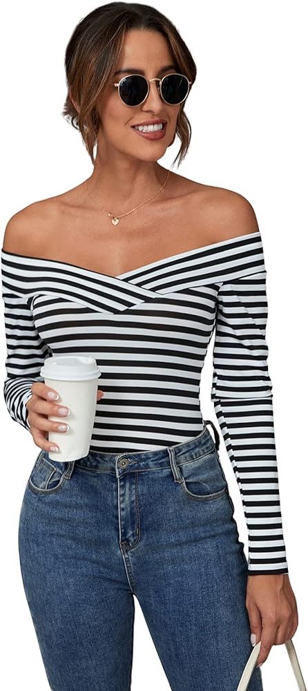 SheIn Women's Sexy Off Shoulder Long Sleeve T-Shirt Cross Wrap Ribbed Knit Tops | Amazon (US)