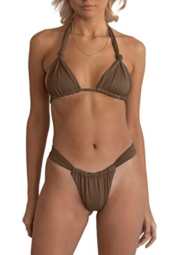 geluboao Womens Brown Swimsuit 2 Piece Sexy Thong Micro Bikini Set Solid Padded Triangle Two Piece Swimsuits S | Amazon (US)