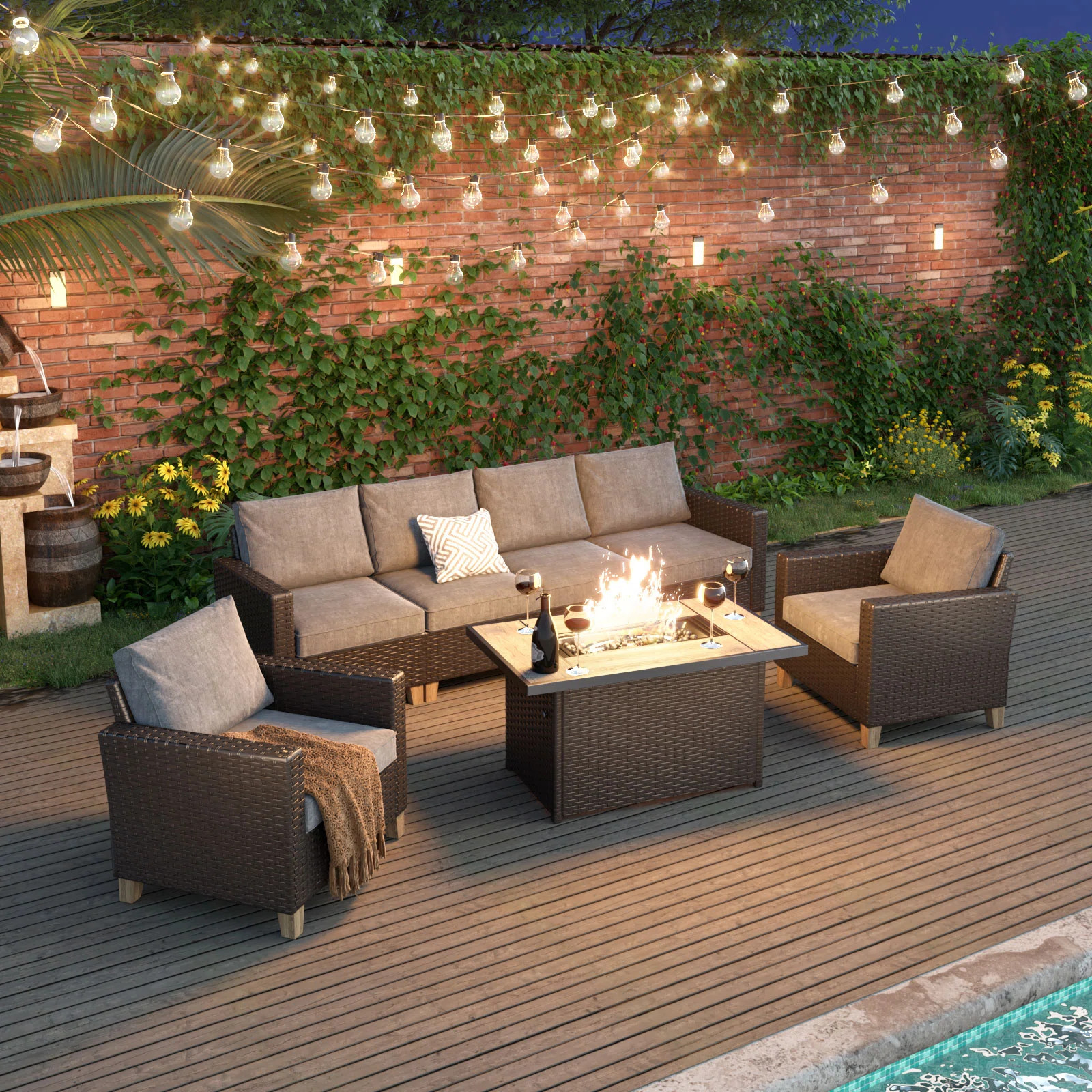 Red Barrel Studio® Umeh 7-Pieces Wicker Sofa Seating Group with Fire Pit Table Conversation Set ... | Wayfair North America