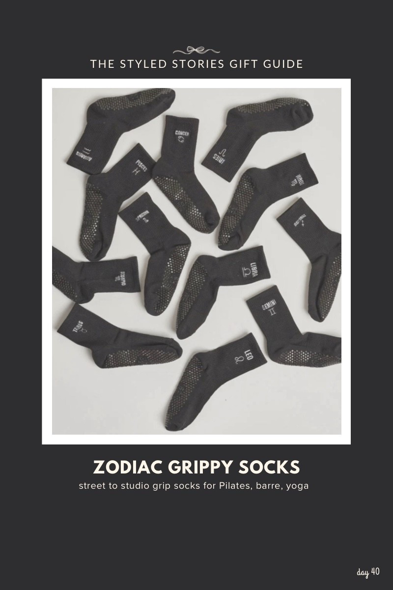Crew height tube socks feat. zodiac signs embroidered in white on black. Non slip grippy bottoms for workouts.

#LTKfitnessgoals #LTKActive #LTKGiftGuide