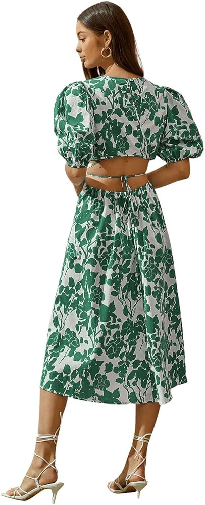 SweatyRocks Women's Boho Floral Puff Sleeve Cut Out Dress Tie Back A Line Midi Dresses | Amazon (US)