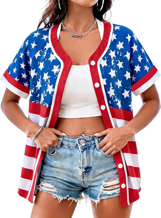 Women's American Flag Button Down Jersey Shirt Patriotic USA Short Sleeve Shirts 4th of July Base... | Amazon (US)