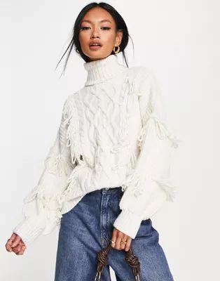 River Island fringe cable knit sweater in cream | ASOS (Global)
