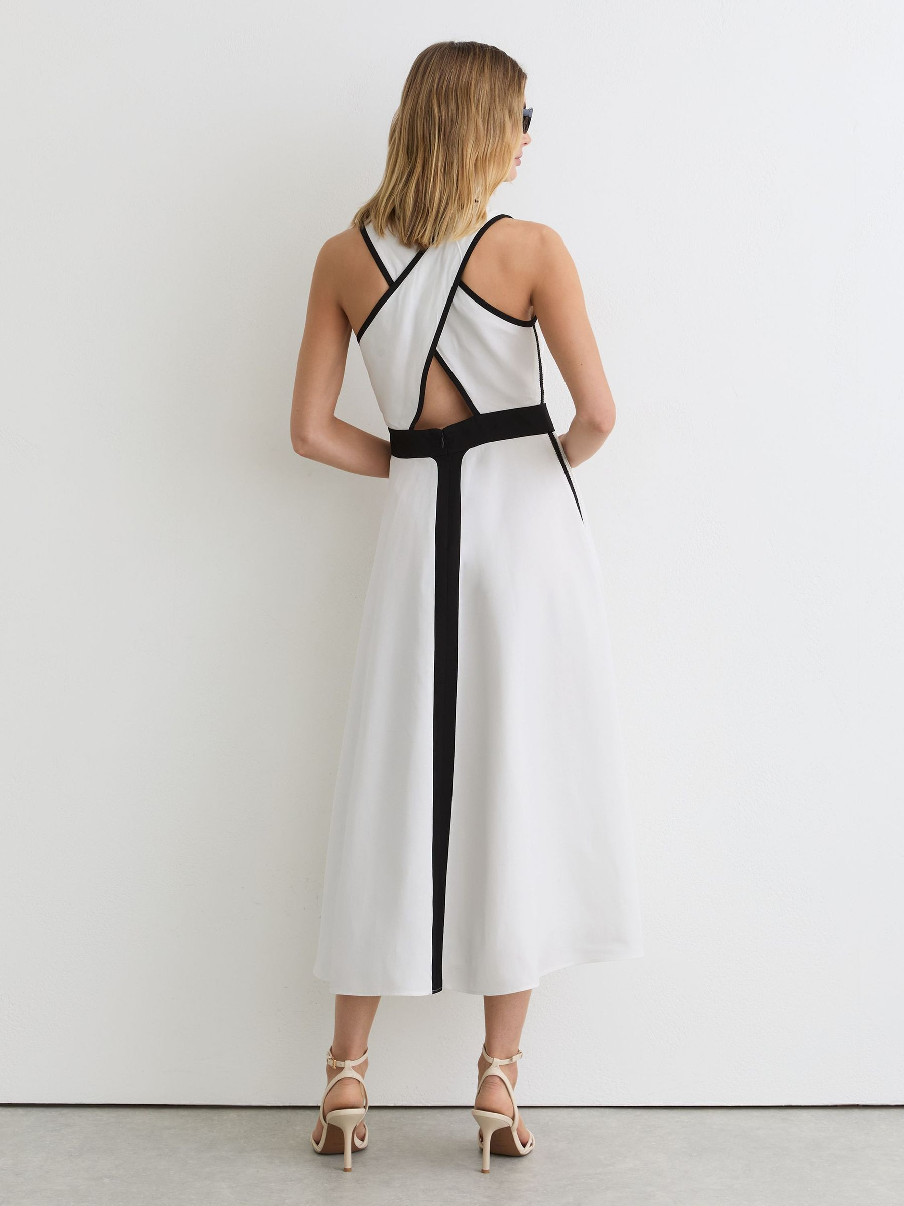 Reiss Contrast-Trim Cross-Back Midi Dress with Linen in Ivory/Black - REISS | Reiss UK