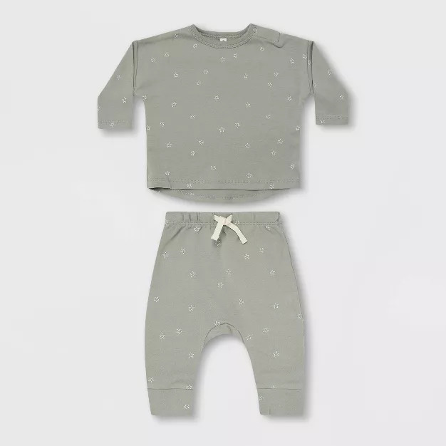 Q by Quincy Mae Baby 2pc Stars Brushed Jersey Top & Bottom Set - Stars/Slate Green | Target