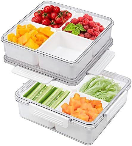 MineSign 2Pack Divided Veggie Tray with Lid for Snack Serving Container Salad Keeper with 4 Removable Boxes Stackable Refrigerator Organizer Bins Produce Saver for Meal Prep Fruit | Amazon (US)