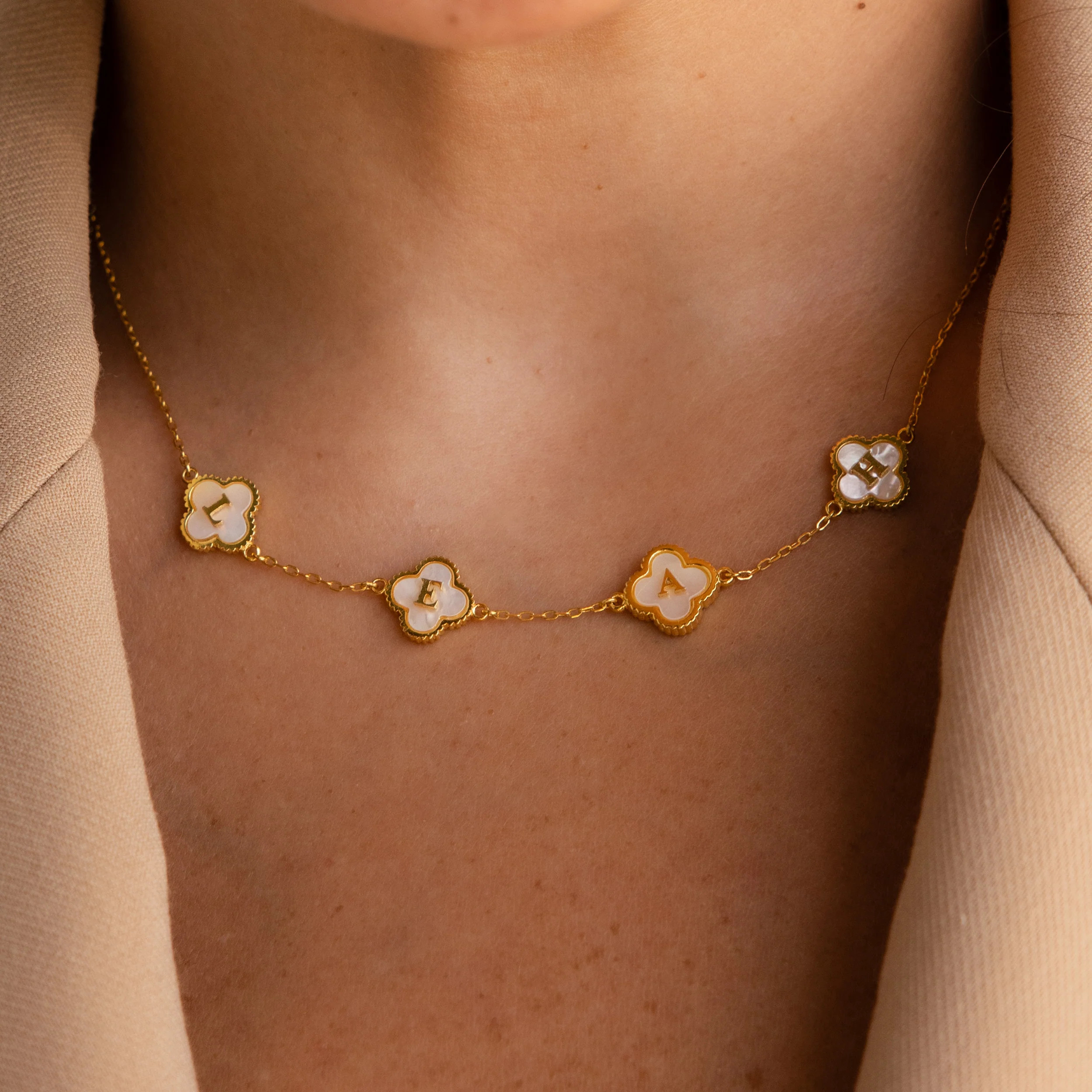 Pearl Clover Letter Necklace | Caitlyn Minimalist