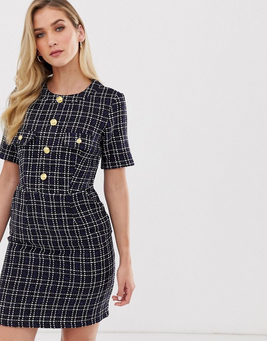 Unqiue21 tweed dress with gold buttons-Navy | ASOS (Global)