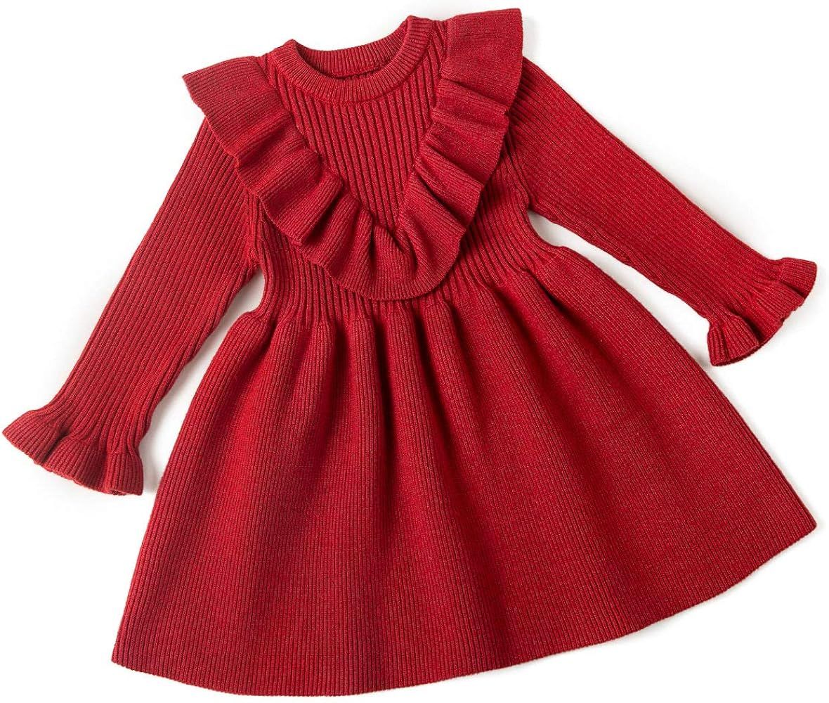 Curipeer Infant Toddler Girls Sweater Dresses Long Sleeve Ribbed Knit Pullover Ruffle Cozy Dress | Amazon (US)