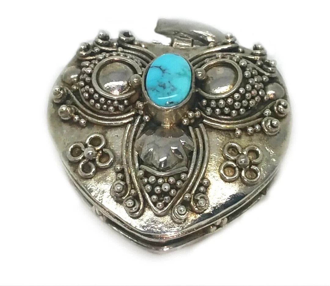 Poison Pill Turquoise Heart Locket Large Vintage Ornate Bali Style Sterling Secret Pill Box, Crem... | Etsy (US)