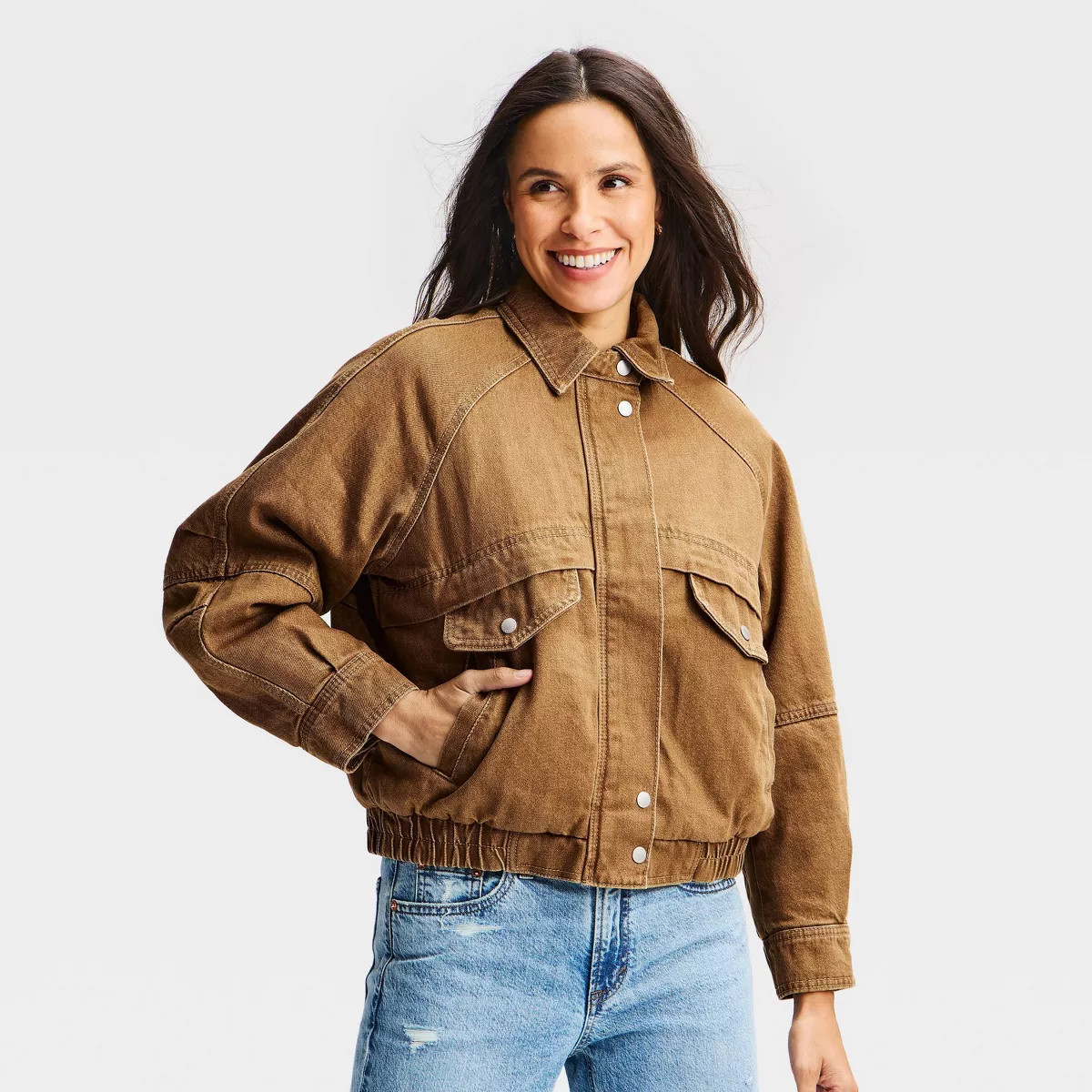 Women's Denim Bomber Jacket - Universal Thread\u2122 Brown M | Target