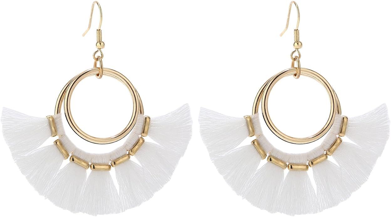 Tassel Hoop Earrings Fringe Drop Gold Tone Circle Tiered Earrings for Women Girls | Amazon (US)