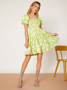 SHEIN Allover Floral Print Shirred Bodice Ruffle Hem Dress
   SKU: sw2112035572225545      
     ... | SHEIN