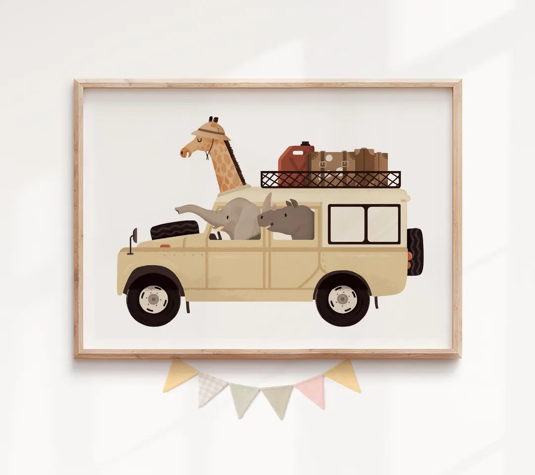 Safari Animal Driving Car Nursery Print, Jungle Adventure Wall Art, Baby Boy Room Decor, Neutral ... | Etsy (US)
