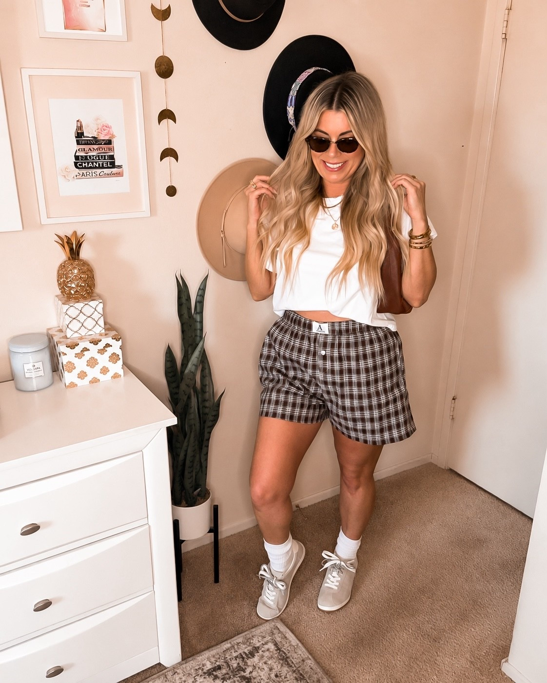 Plaid boxer shorts + a cropped white tee = my favorite kind of effortless 🤎 Add sneakers, sunnies and a shoulder bag and it feels instantly more styled. Linking the whole look on LTK!

#LTKootd #LTKSeasonal #LTKOver40