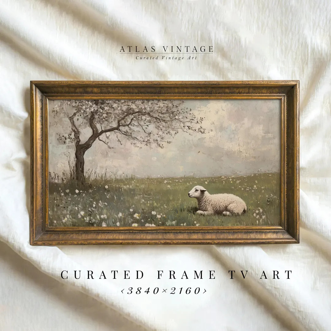 Vintage Lamb Painting, Spring Meadow, Farmhouse Samsung Frame TV Art (Digital Download) | Etsy (US)