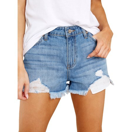 Sidefeel Women High Rise Frayed Hem Short Jeans Distressed Denim Shorts Pants with Pockets S-XL | Walmart (US)