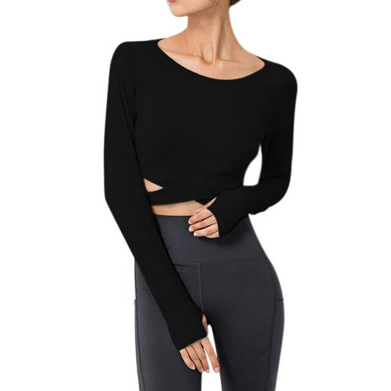 Women's Long Sleeve Crop Tops Yoga Workout Tops Running Shirts,Tummy Cross Crewneck Quick-drying ... | Walmart (US)