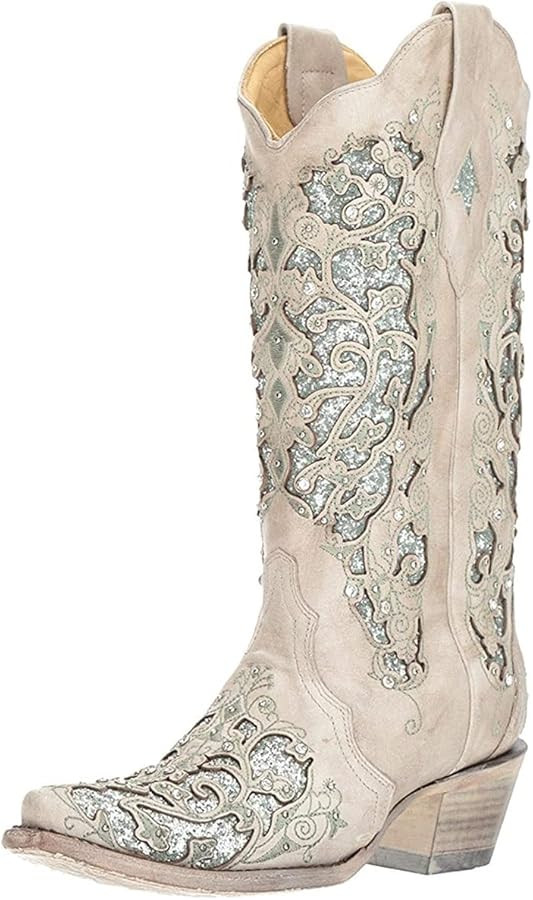 Corral Women's 13-inch White/Green Glitter Inlay & Crystals Pull-On Cowboy Boots - Sizes 5-12 B | Amazon (US)