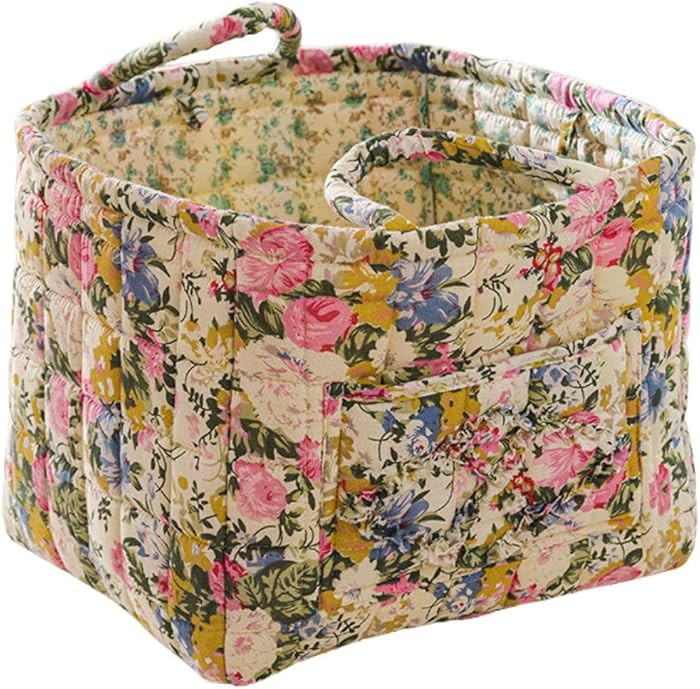 Quilted Fabric Storage Basket with Handles – Boho Foldable Floral Organizer Bin for Home, Picni... | Amazon (US)