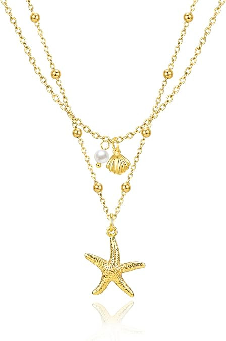 Zeffy Shell Necklace for Women,14K Gold Plated Layered Starfish Conch SeaShell Pearl Pendant Char... | Amazon (US)