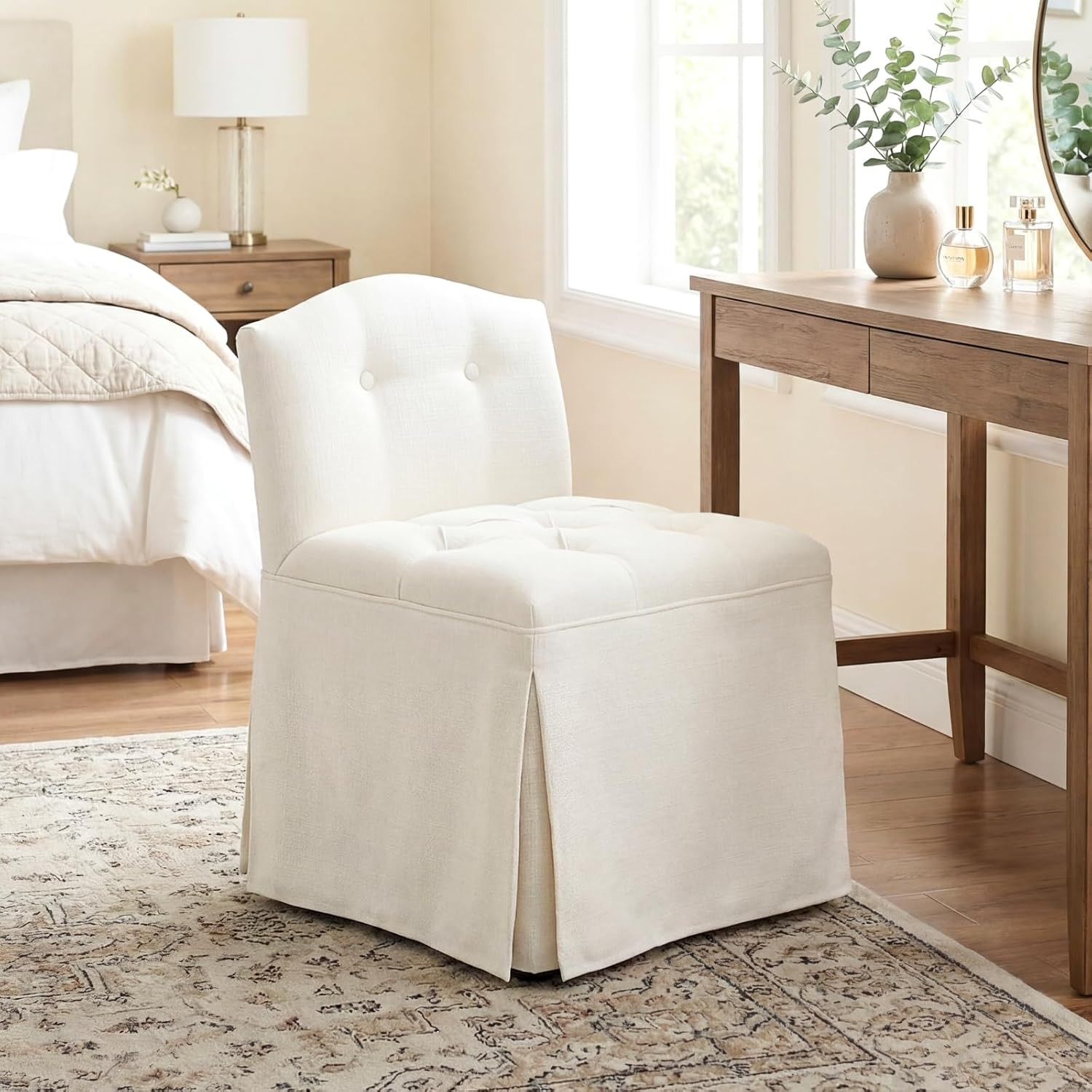 White Tufted Makeup Vanity Chair with Wheels, Small Upholstered Skirted Slipper Accent Chair with... | Amazon (US)