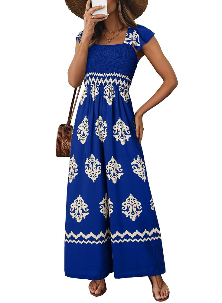 Happy Sailed Womens Summer Jumpsuits Printed Square Neck High Waisted Pockets Wide Leg Rompers Be... | Amazon (US)