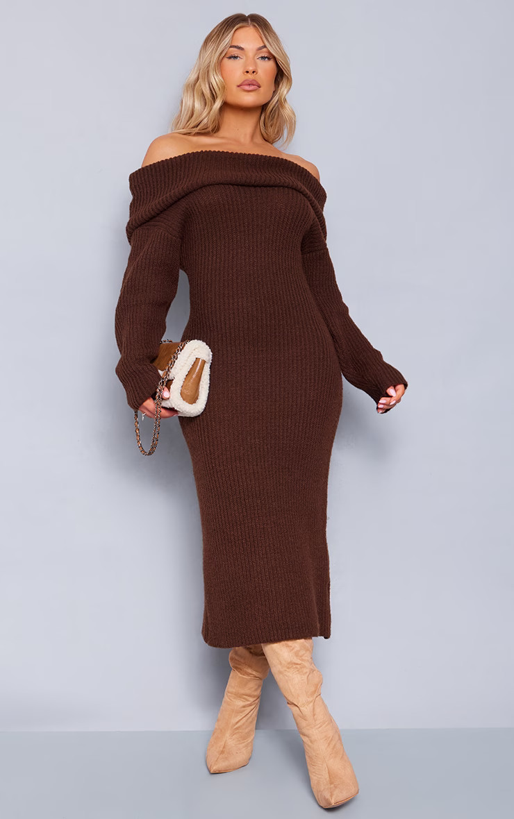 Chocolate Fold Over Rib Knit Maxi Dress | PrettyLittleThing US