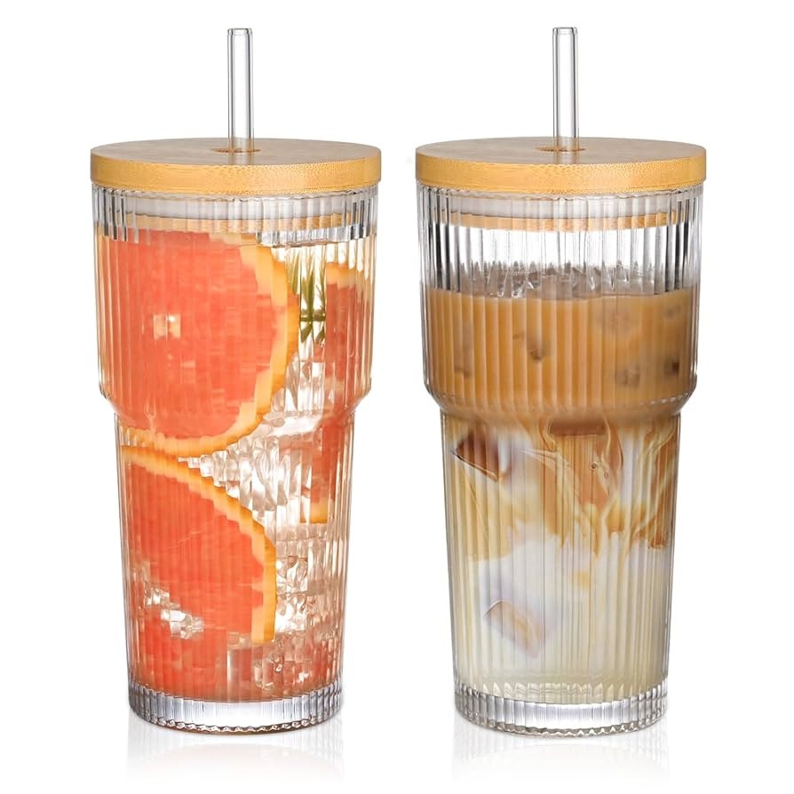 20oz Glass Cups with Lids and Straws,2PCS Ribbed Glass Coffee Cups,Iced Coffee Cups with Lid,Vint... | Amazon (US)