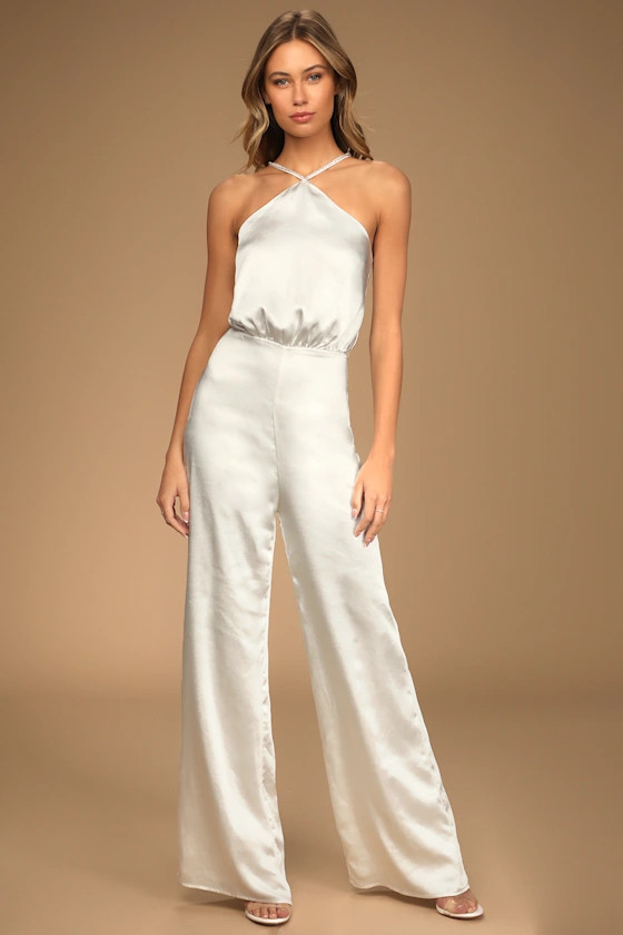 Dose of Romance Ivory Satin Halter Wide-Leg Jumpsuit | Lulus (US)