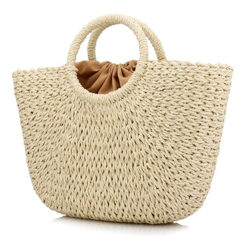 Large Tote Bag Straw Bag Woven Stripes Retro Summer Beach Bag Straw Bags for Women Hand-woven Round Handle (Beige) | Amazon (UK)