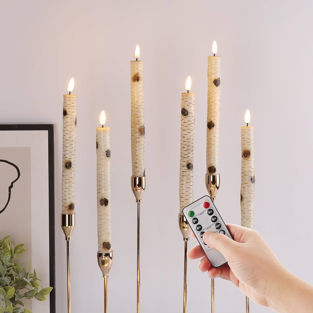 Eywamage Birch Bark LED Taper Candles with Remote, Battery Operated Wood Candles, LED Wax Candles... | Amazon (US)